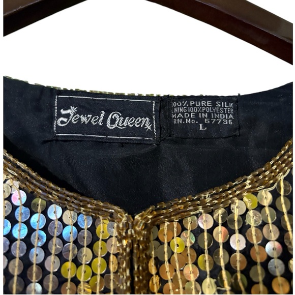Vintage Jewel Queen Beaded Sequin Gold & Black Open Front Jacket Silk Large - Picture 13 of 13